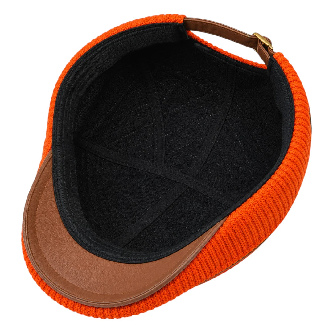 So Q Caps Orange Knit Ivy Cap with Leather Trim